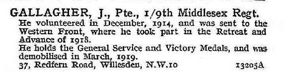 Gallagher J Pte 9th Middlesex Regiment