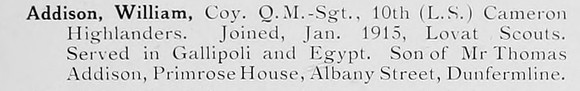 Addison W Coy QM Sergt 10th Cameron Highlanders