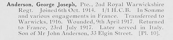 Anderson G J Pte 2nd Royal Warwickshire Regiment Photo Available Plate 10
