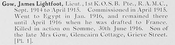 Gow J L Lt 1st Kings Own Scottish Borderers Photo Available Plate 1