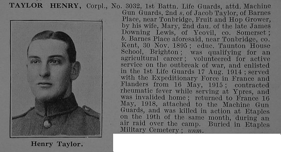 Taylor H Cpl 3032 1st Life Guards Attd Guards Machine Gun Corps Obit De Ruvignys Roll Of Honour Vol 5