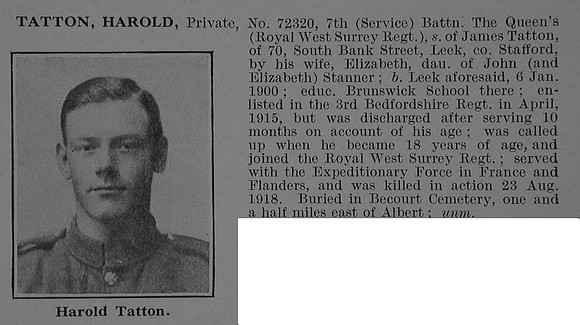 Tatton H Pte 72320 7th Queens Royal West Surrey Regiment Obit De Ruvignys Roll Of Honour Vol 5