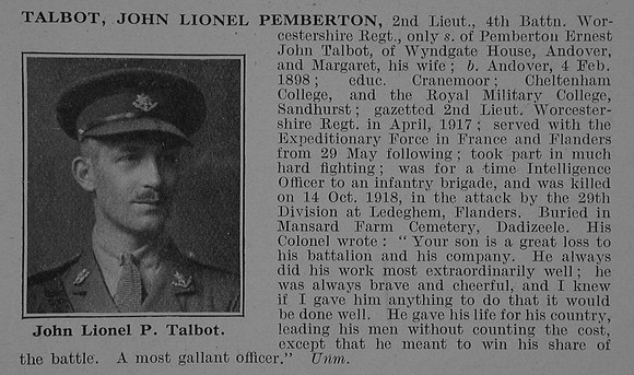 Talbot J L P 2nd Lt 4th Worcestershire Regiment Obit De Ruvignys Roll Of Honour Vol 5