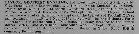 Taylor G E 2nd Lt Royal Field Artillery