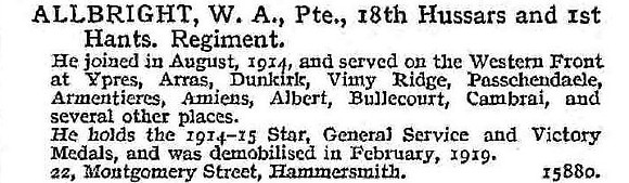 Allbright W A Pte 18th Hussars And 1st Hampshire Regiment