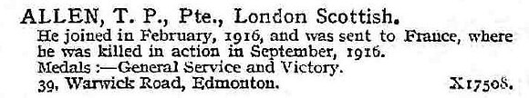 Allen T P Pte 14th London Regiment