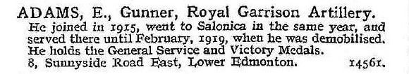 Adams E Gnr Royal Garrison Artillery
