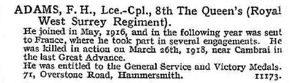 Adams F H L/Cpl 8th Queen's Royal West Surrey Regiment 71, Overstone Road, Hammersmith.