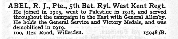 Abel R J Pte 5th Royal West Kent Regiment 100, Ilex Road, Willesden, London.