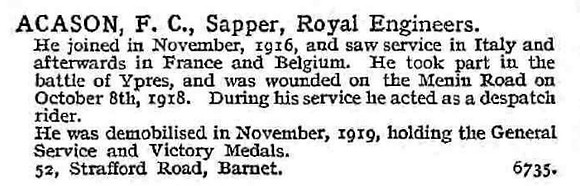 Acason F C Sapper Royal Engineers 52 Strafford Road, Barnet