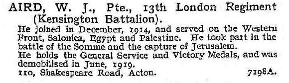 Aird W J Pte 13th London Regiment