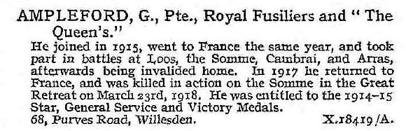Ampleford G Pte Royal Fusiliers And Queens Royal West Surrey Regiment