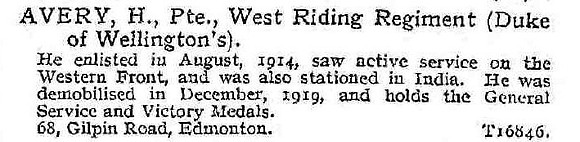 Avery H Pte West Riding Regiment