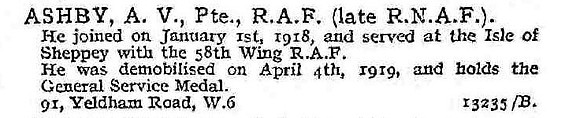 Ashby A V Pte Royal Naval Air Service Trans To Royal Air Force
