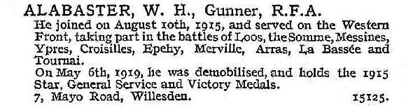 Alabaster W H Gnr Royal Field Artillery