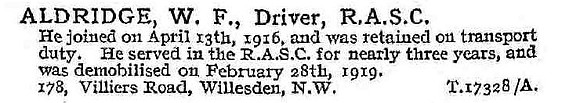 Aldridge W F Dvr Army Service Corps