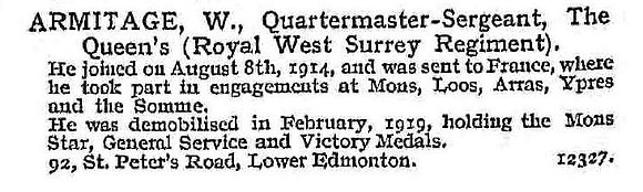 Armitage W Qtr Mst Sergt Queens Royal West Surrey Regiment