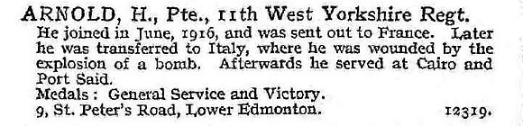 Arnold H Pte 11th West Yorkshire Regiment