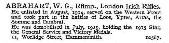 Abrahart W G Rfn 18th London Regiment 11 Worlidge Street, Hammersmith