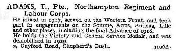 Adams T Pte Northamptonshire Regiment And Labour Corps 2, Gayford Road, Shepherd's Bush.