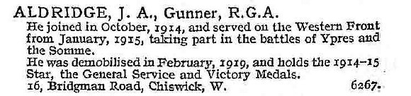 Aldridge J A Gnr Royal Garrison Artillery