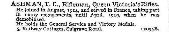 Ashman T C Rfn 9th London Regiment