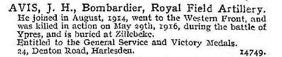 Avis J H Bmdr Royal Field Artillery