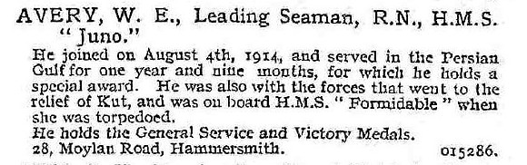 Avery W E Leading Seaman HMS Juno Royal Navy