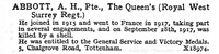 Abbott A H Pte Queens Royal West Surrey Regiment 5 Chalgrove Road Tottenham London