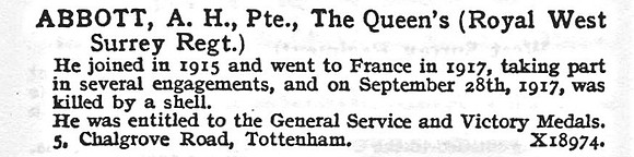 Abbott A H Pte Queens Royal West Surrey Regiment 5 Chalgrove Road Tottenham London