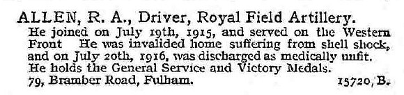 Allen R A Dvr Royal Field Artillery