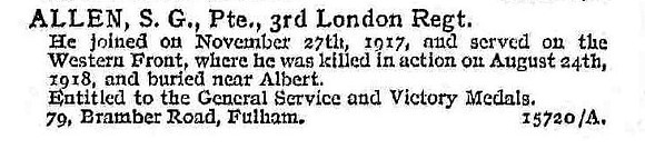 Allen S G Pte 3rd London Regiment