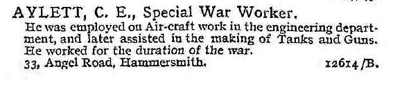 Aylett C E Special War Worker