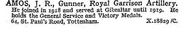 Amos J R Gnr Royal Garrison Artillery