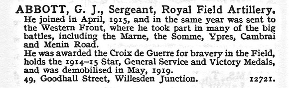 Abbott G J Sergt Royal Field Artillery 49, Goodhall Street, Willesden Junction, London.