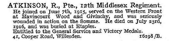 Atkinson R Pte 12th Middlesex Regiment