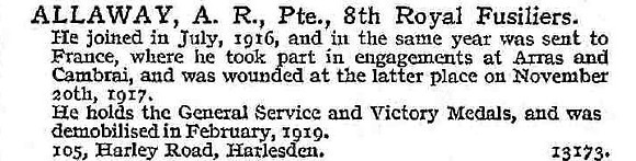 Allaway A R Pte 8th Royal Fusiliers