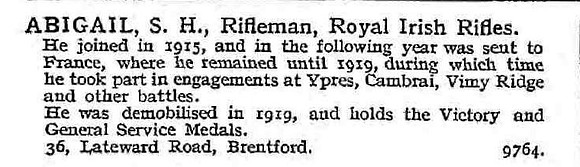 Abigail S H Rfn Royal Irish Rifles 36 Lateward Road, Brentford, London.