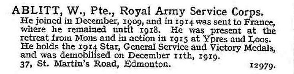 Ablitt W Pte Army Service Corps 37 St Martin's Road Edmonton.