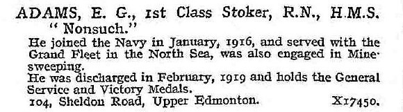 Adams E G 1st Class Stoker HMS Nonsuch Royal Navy