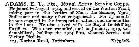 Adams E T Pte Royal Army Service Corps