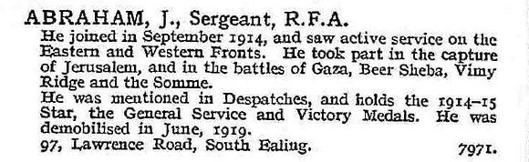 Abraham J Sergt Royal Field Artillery 97 Lawrence Road South Ealing