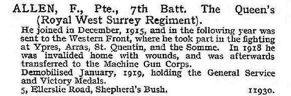 Allen F Pte 7th Queen's Royal West Surrey Regiment