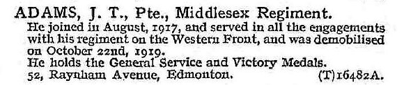 Adams J T Pte Middlesex Regiment