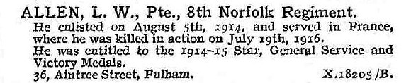 Allen L W Pte 8th Norfolk Regiment