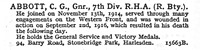 Abbott C G Gnr Royal Horse Artillery 94 Barry Road Stonebridge Park, Harlesden, London.