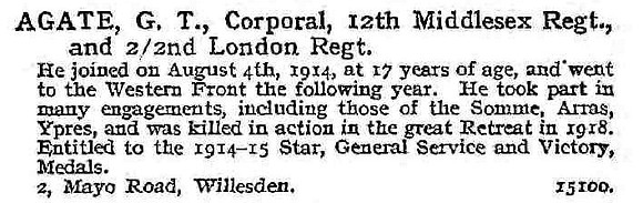 Agate G T Cpl 12th Middlesex And 2/2nd London Regiment