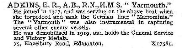 Adkins E R AB HMS Yarmouth Royal Navy