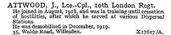 Attwood J LCpl 10th London Regiment