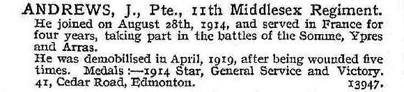 Andrews J Pte 11th Middlesex Regiment